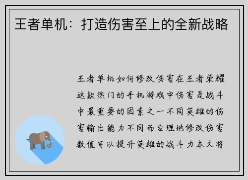 王者单机：打造伤害至上的全新战略